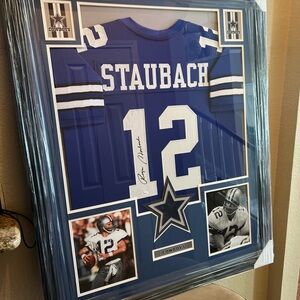 Blue Staubach Framed Jersey with Photos